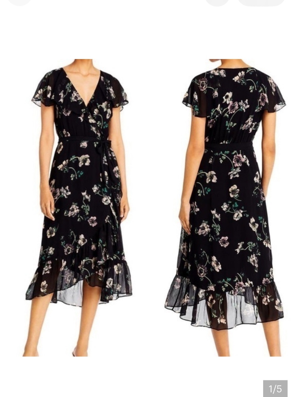 PAIGE Black Floral Wrap Midi Dress with Ruffle Hem